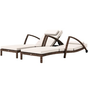Set of 2 Wicker Chaise Lounge Chair Outdoor Patio Lounger with 5 Adjustable Back, Wheels, Cushion, and Armrests - 1 of 4