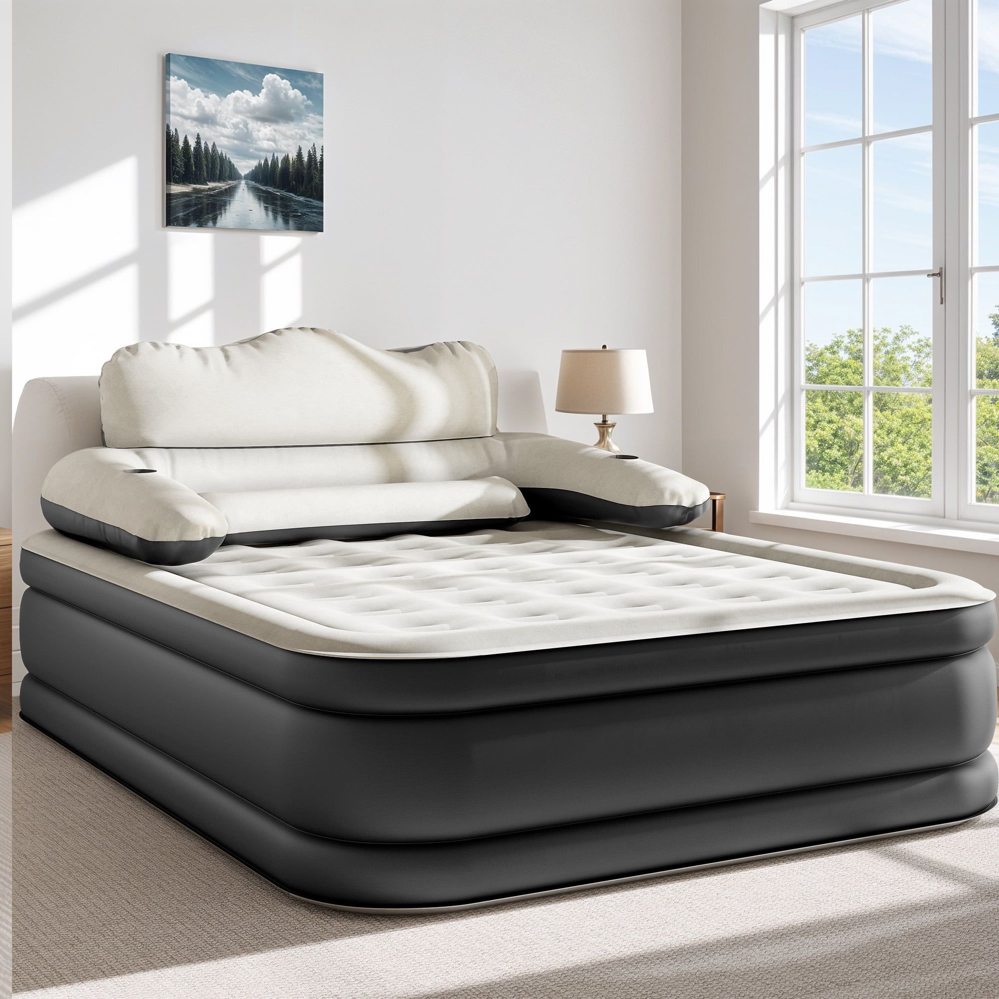 Queen Size Air Bed with Headboard & Integrated Pump, 18in Inflatable Mattress with Pillow for Home Guest Travel Camping