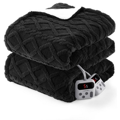 GustoWave Heated Blanket Throw - Thick Cotton Velvet Blanket with Controller, Fast Heating Machine Washable - Black
