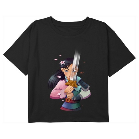 Girl's Mulan Sword Portrait Crop T-shirt - Black - X Small : Target