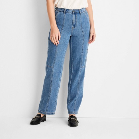 Blue Mid Rise Balloon Fit Cargo Jeans