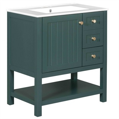 OUTSUPPLY Bathroom Storage Cabinets, Transitional Bathroom Vanity with Ceramic Sink, Solid Wood Frame, Soft-Close Doors