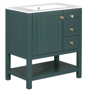 OUTSUPPLY Bathroom Storage Cabinets, Transitional Bathroom Vanity with Ceramic Sink, Solid Wood Frame, Soft-Close Doors - 1 of 4