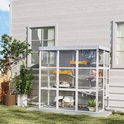 Large Gray Wooden Outdoor Cat Enclosure with Hammock and Platforms