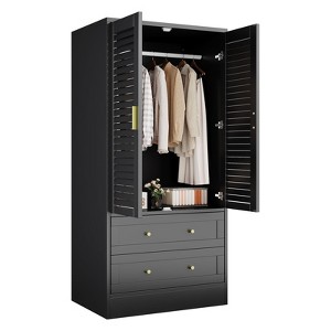 65" Tall Wooden Wardrobe Armoire Closet with Gold Handles, 2 Drawers for Bedroom or Cloakroom,   Black - 1 of 4