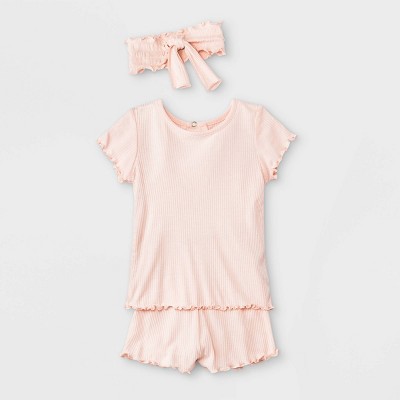 Image of Grayson Mini Baby Girls' 3pc Rib Top & Bottom Set with Headband - Pink 3-6M