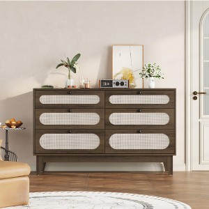 Rattan 6 Different Drawer Dresser for Bedroom,Natural Modern Closet Dresser with Wooden Handles and Wooden Legs - 1 of 4