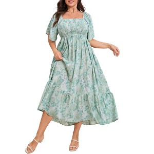 Coolmee Womens Plus Size Summer Casual Maxi Dress Short Sleeve Square Neck Smocked A Line Flowy Long Sundresses - 1 of 1