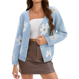 INSPIRE CHIC Women's Floral V Neck Button-Down Open Front Long Sleeve Knit Sweaters - 1 of 4