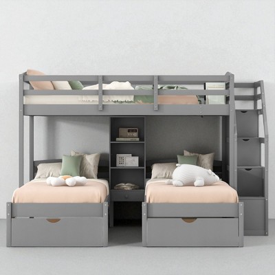 Twin over Twin & Twin Triple Bunk Bed with Storage Drawers, Shelves, and Staircase, No Box Spring Needed, Gray Wood Frame