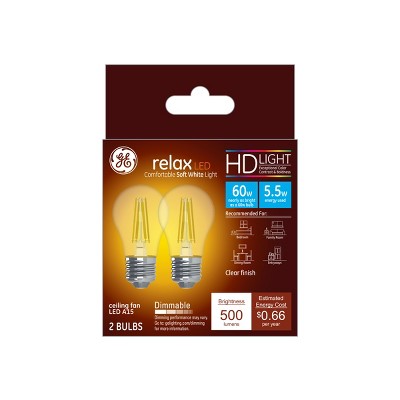 GE 2pk 5.5W 60W Equivalent Relax LED HD Ceiling Fan Light Bulbs: Dimmable, Energy Star, 2700K, 500 Lumens, E26 Base