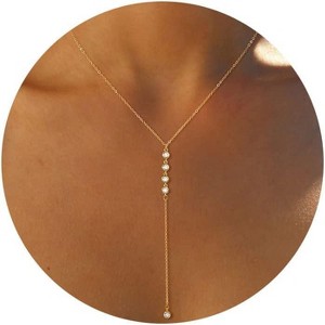 14K Gold Plated/Silver Lariat Necklace - Y-Shaped Layered CZ Beaded Chain - 1 of 4