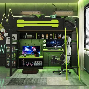 Polibi Full Size E-Sports Loft Bed with RGB Lighting, USB Charging & Pegboard Wall - 1 of 4