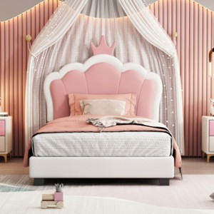 Princess Bed with Crown Headboard PU Upholstered Bed Frame for Girls Bedroom,Modern Cream Style-Maison Boucle - 1 of 4