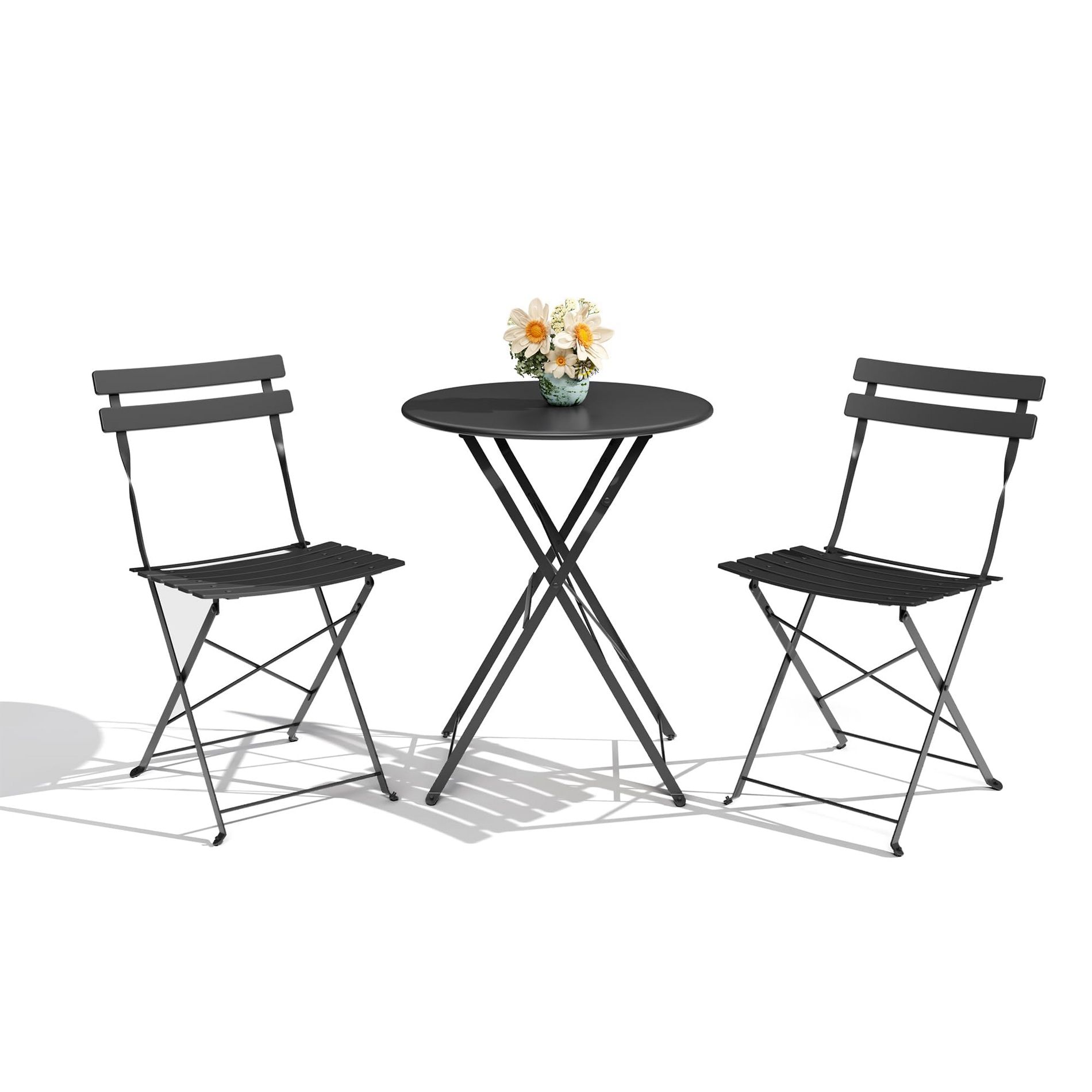 EcoSummer 3-Piece Folding Bistro Set Outdoor Patio Furniture with 2 Chairs and Table for Small Spaces Black.