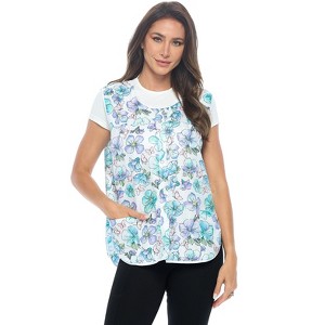 Casual Nights Women's Snap Front Smock Cobbler Woven Scrub Apron with Pockets - Blue Butterfly - 3X-Large - 1 of 4