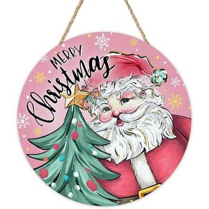 Lomsoe Merry Christmas Santa Claus Pink Front Door Sign Xmas Tree Snowflake Wood Hanger Outdoor Outside Porch Home Decor Winter Holiday Decoration - 1 of 1