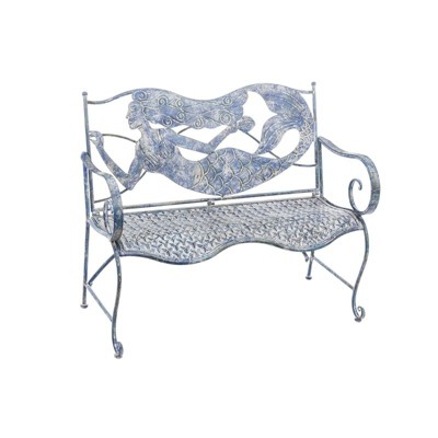Evergreen Blue Mermaid Shaped Metal Outdoor Garden Bench - 43 x 20 x 36 Inches Fade and Weather Resistant