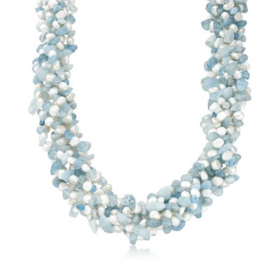 Ross-Simons Aquamarine Bead and 5-6mm Cultured Pearl Torsade Necklace With Sterling Silver Size 18