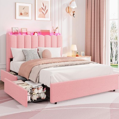 GAOMON Bed Frame with Storage Headboard, Kids Bed Frame with 2 Drawers, Boucle Upholstered Platform Bed for Girls