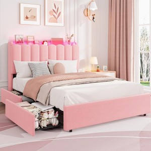 TackView Bed Frame with Storage Headboard,Boucle Upholstered Platform Bed with 2 Drawers, Chic Wavy Headboard with Bookcase, No Box Spring Needed - 1 of 4