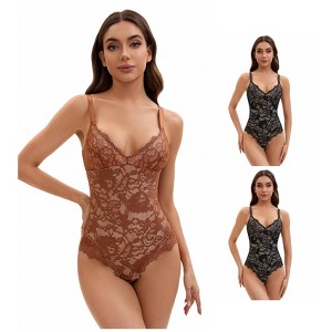 INSPIRE CHIC 3 Packs Women's V-Neck Tummy Control Bodysuit Sleeveless Floral Lace Leotard Body Shapers - 1 of 4