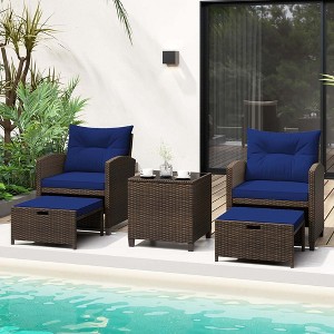 Costway 5 Piece Patio Rattan Furniture with 2 Ottomans & Tempered Glass Coffee Table Black/Off White/Navy/Red/Gray - 1 of 4