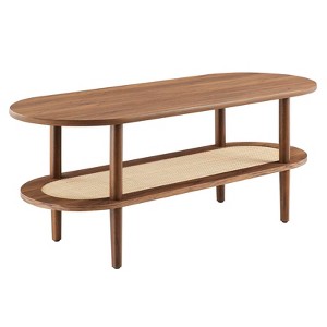 Modway Torus Oval Coffee Table with Rattan Shelf, Walnut - 1 of 4