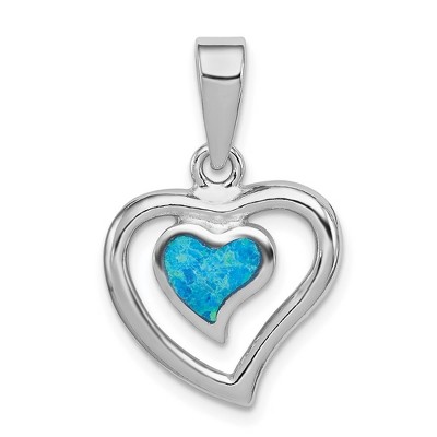 Black Bow Jewelry Sterling Silver and Created Blue Opal Inlay Double Heart Pendant, 13mm