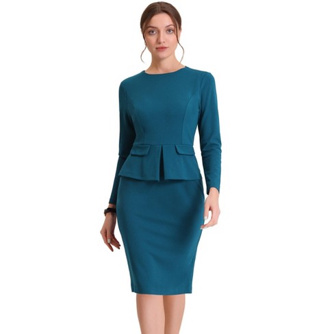 Allegra K Women's Round Neck Bracelet Sleeve Peplum Waist Work Office  Pencil Dress Lake Blue X-Large