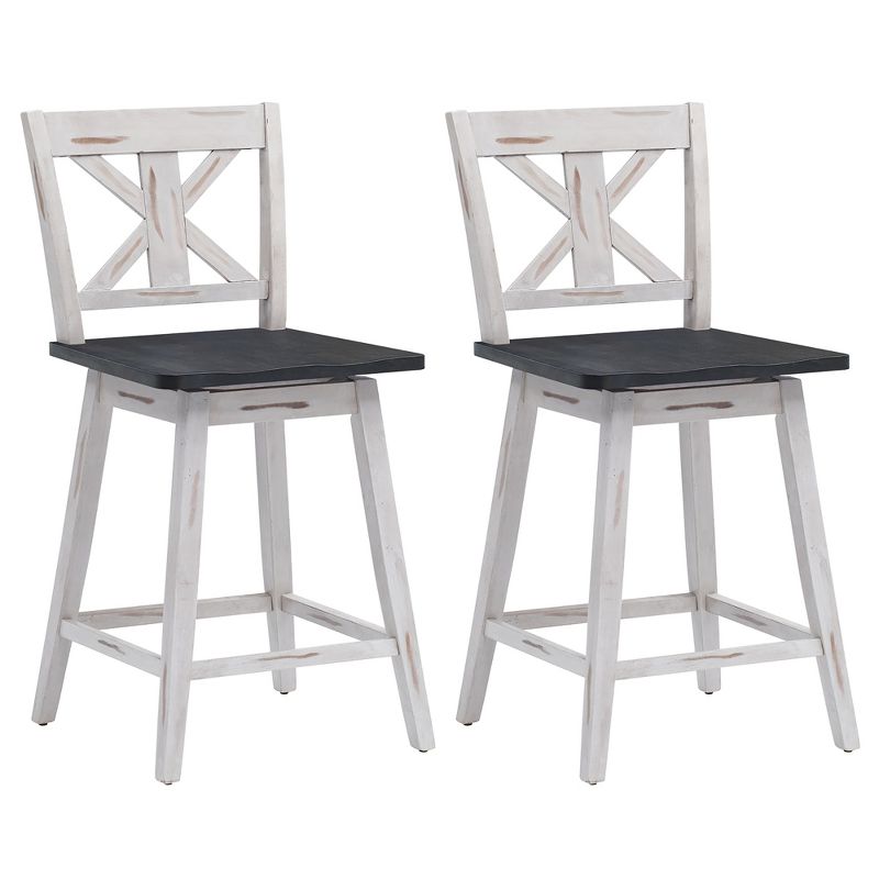 Costway Set of 2 Bar Stools Swivel Counter Height Chair w/ Solid Wood Legs White\Black, 1 of 9