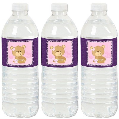 Big Dot of Happiness Baby Girl Teddy Bear - Baby Shower Water Bottle Sticker Labels - Set of 20