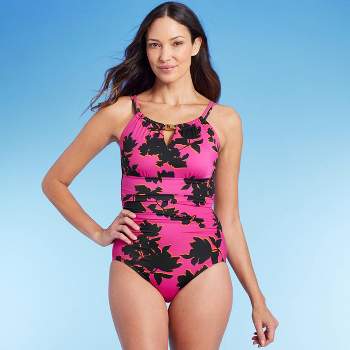 Women's High Neck Keyhole One Piece Swimsuit - Aqua Green® Pink Floral Print