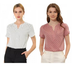 Allegra K Women's Polka Dots Print V Neck Short Sleeve Elegant Work Office Top 2 Packs - 1 of 4