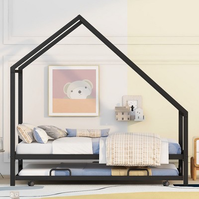 CAVINAS Twin Size Small House Bed Frame With Trundle,Metal Floor Bed for Kids Room,Bedroom