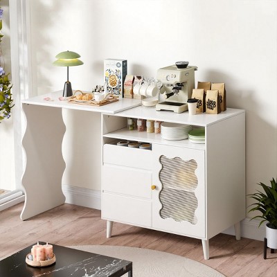 41" LED L-Shaped Modern Farmhouse Sideboard Buffet Cabinet,Wood Buffet Storage Cabinet with Drawers and Shelves-The Pop Home
