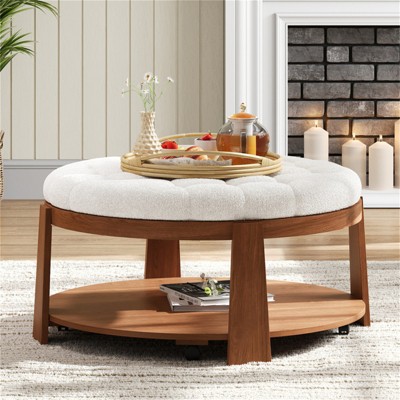 RISOKEYS 36" Modern Large Round Coffee Table - Oversized Accent Table with Cushion , Casters & Shelf Storage for Living Room