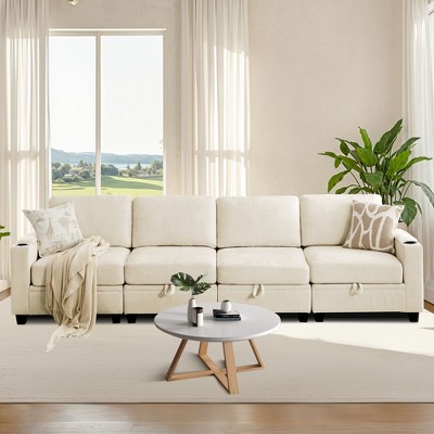Hyleory 117.4" Modern Chenille Fabric Storage Straight Sectional Sofa,4 seater Couch with Double Ottomans for Living Room