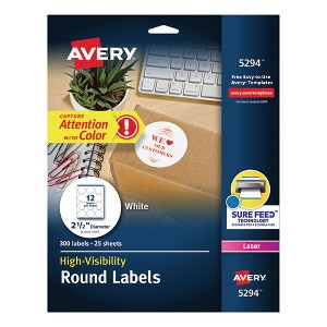 Avery Permanent Laser Print-to-the-Edge ID Labels w/SureFeed, 2 1/2"dia, White, 300/PK - 1 of 4