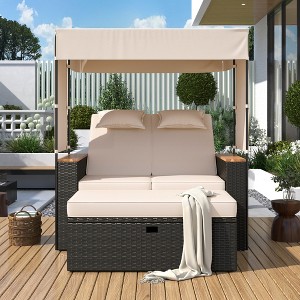 YOOCOZZ 2-Piece Patio Rattan Loveseat with 5 Positions and Bench Lounge Roof Set - 1 of 4