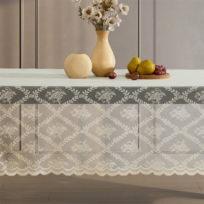 HLC.ME Isabella Floral Patterned Scalloped Tablecloth, Wrinkle Resistant, Lace Fabric Table Cloth for Rectangular Tables