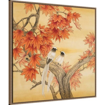 Autumn Love Birds Framed Canvas Wall Art with Beaded Perimeter