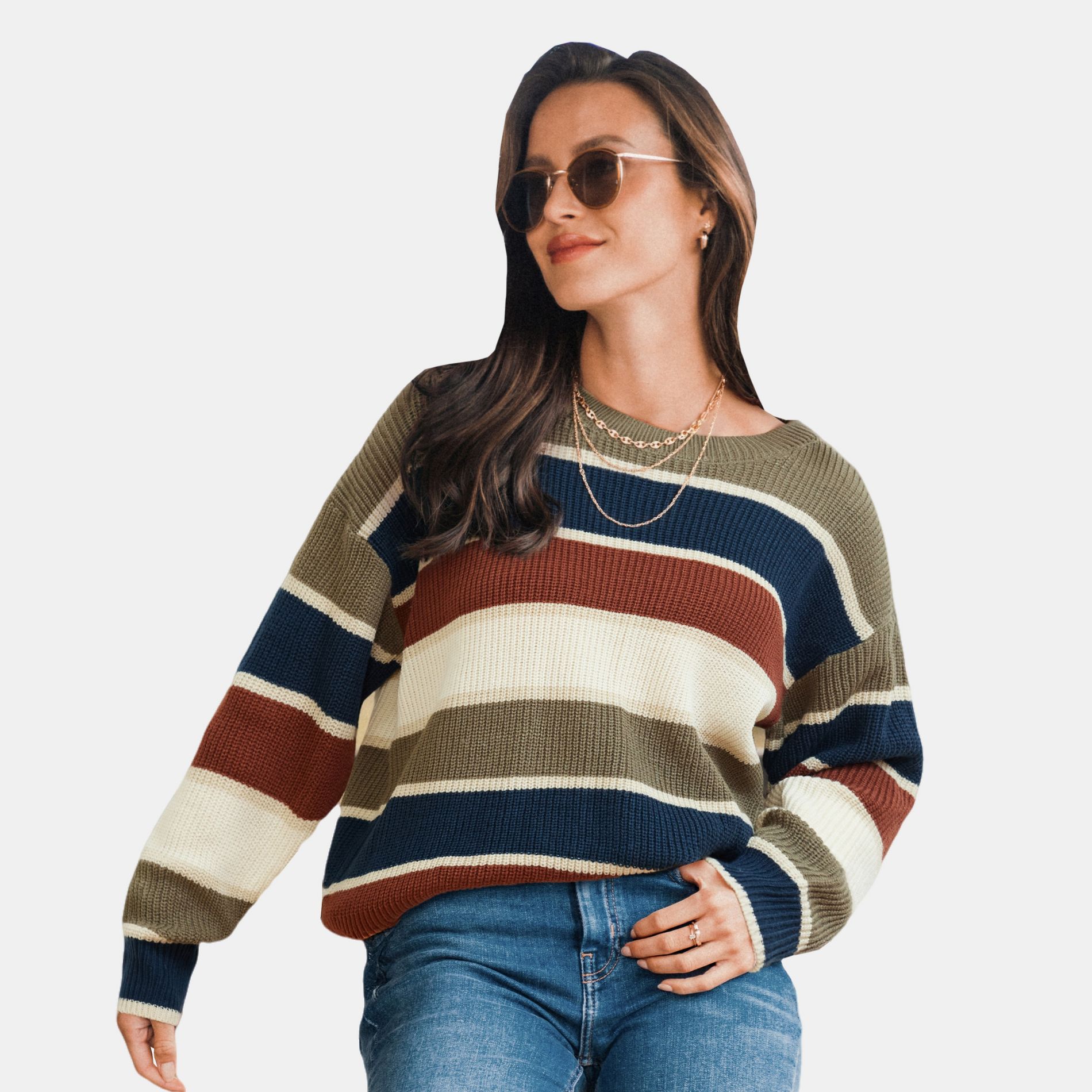 Women's Striped Drop Shoulder Sweater - Cupshe-M-Green&Brown