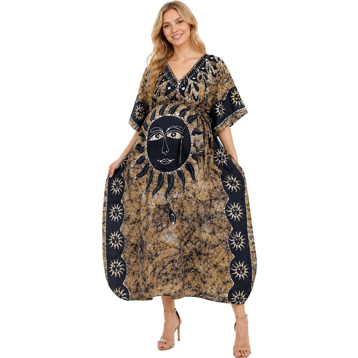 LA LEELA Summer Cotton Caftan Maxi Dress for Women Resortwear Vacation Cruise Holiday Loungewear Pregnancy Wear Beach Outfit 2X-3X Brown Sun