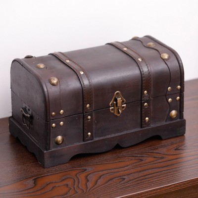 Antique Cherry Wood and Faux Leather Pirate Treasure Chest