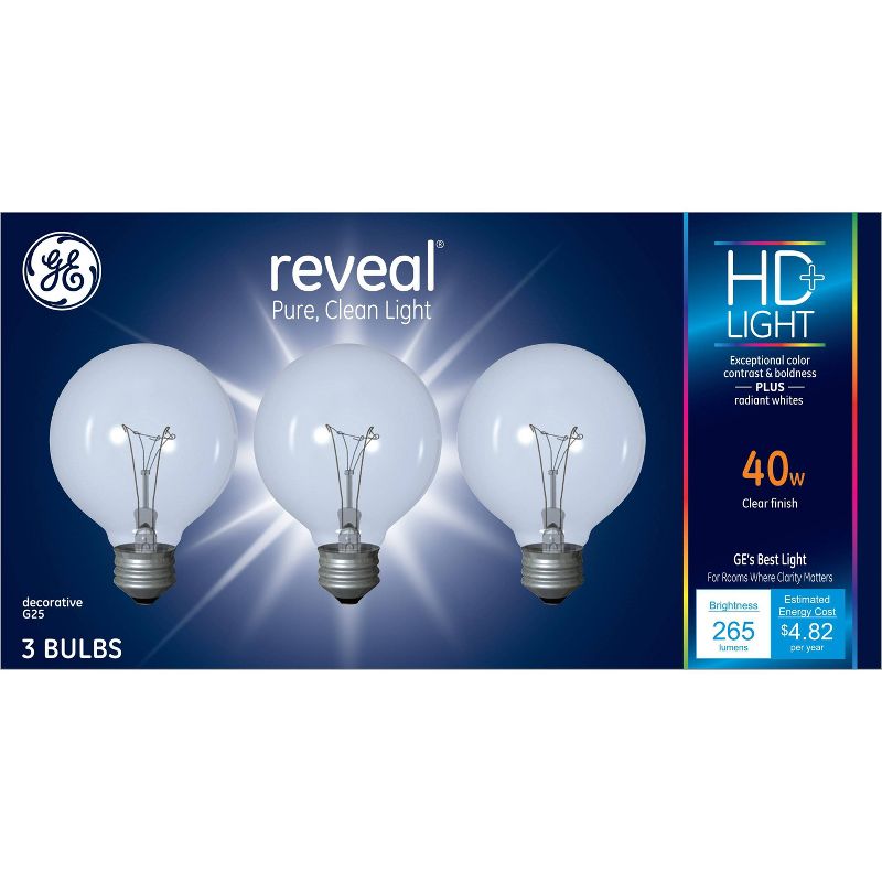 GE 40w 3pk G25 Reveal Incandescent Light Bulb Clear, 1 of 6