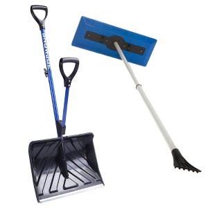 Snow Joe Shovelution Snow Shovel, Strain Reducing with Windshield Ice Scraper for Outdoor Use, Lawn, Patio, and Garden Essentials, Blue - 1 of 4