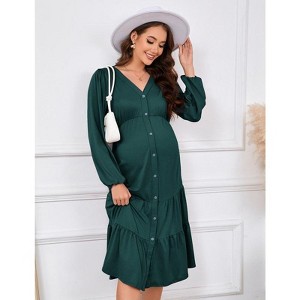 Coolmee Women's Maternity V Neck Dress Casual Ruffle Long Sleeve Button Down Midi Fall Dresses for Baby Shower Photoshoot - 1 of 4