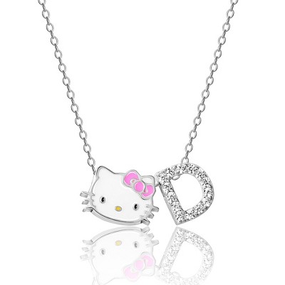 Hello Kitty Women's Enamel Hello Kitty and Sliding Pave Initial Necklace