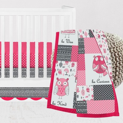 Bacati - Owls in the Woods Pink Fuschia Gray 3 pc Baby Girls Crib Bedding Set